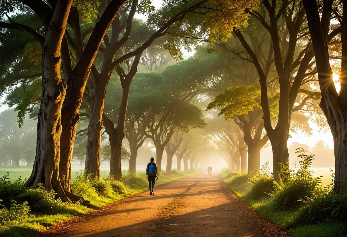 A serene pathway lined with beautiful trees leading to a sunrise, symbolizing trust and reliability. A gentle mist envelops the ground, with soft golden light illuminating the path, encouraging exploration and discovery. In the foreground, diverse individuals walk confidently towards the horizon, embodying the essence of credibility and community. The scene should evoke feelings of hope and enlightenment. super-realistic. vibrant colors. peaceful atmosphere.