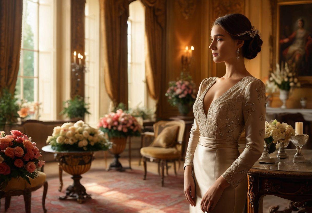 A sophisticated scene featuring a person elegantly dressed in formal attire, exuding confidence and charm, standing in a sunlit, opulent room adorned with luxurious decor. The background includes elements of trust and charm, such as warm lighting, soft textiles, and subtle floral arrangements, creating an inviting atmosphere. The person's expression reflects sincerity and openness, inviting connection. high-definition. super-realistic. vibrant colors.