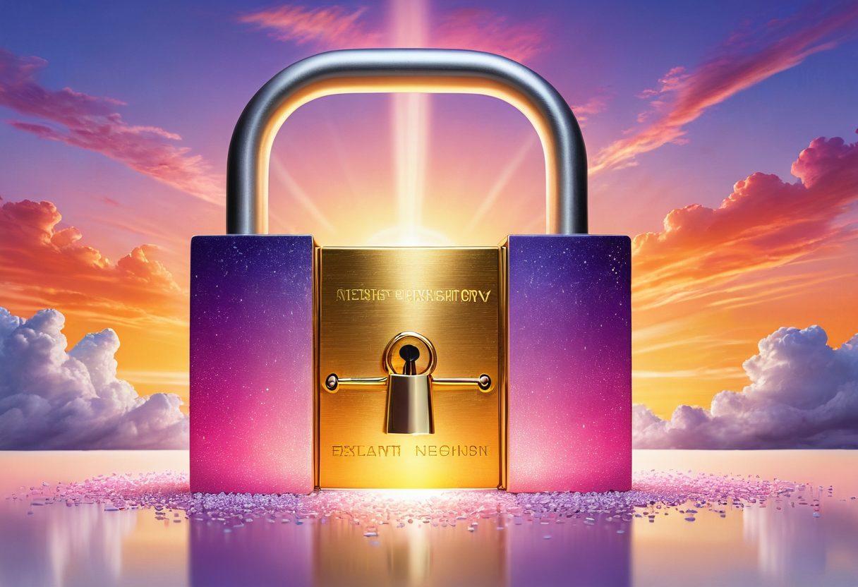 A visually striking illustration of a giant lock being opened, revealing shimmering golden keys labeled 'Credibility', 'Trust', and 'Worthiness'. Surround it with a glowing aura and symbolic representations of communication, such as dialogue bubbles and handshakes. Set against a backdrop of a vibrant sunset sky, symbolizing new beginnings. super-realistic. vibrant colors. white background.